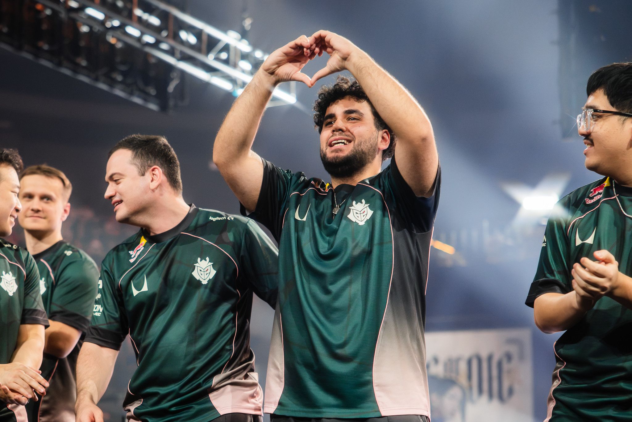 G2 valyn and his teammates after the win against 100T. Credit: Colin Young-Wolff/Riot Games