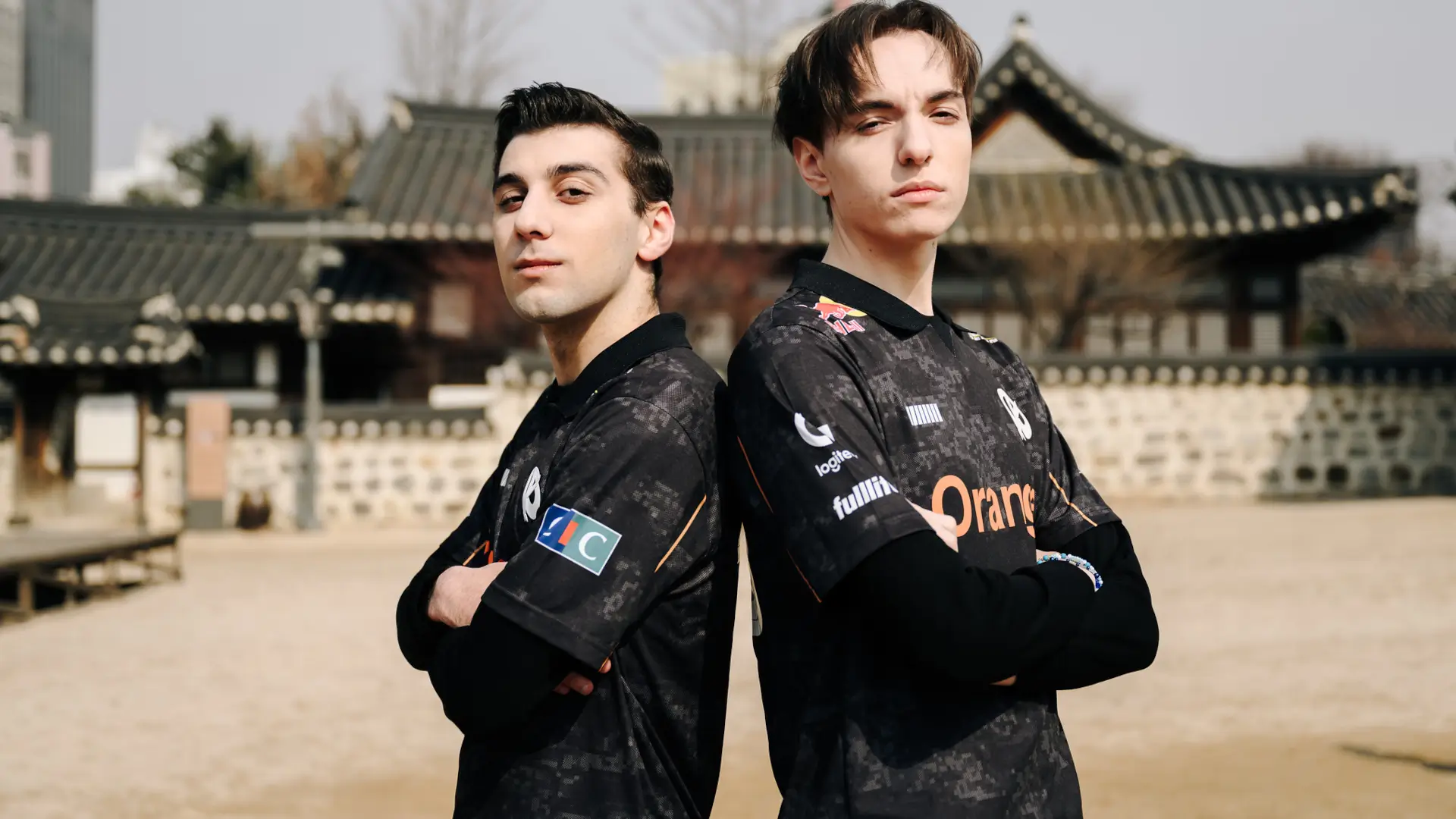 Vladimiros "Vladi" Kourtidis and Caliste "Caliste" Henry-Hennebert, mid and bot laners for Karmine Corp at First Stand 2025.