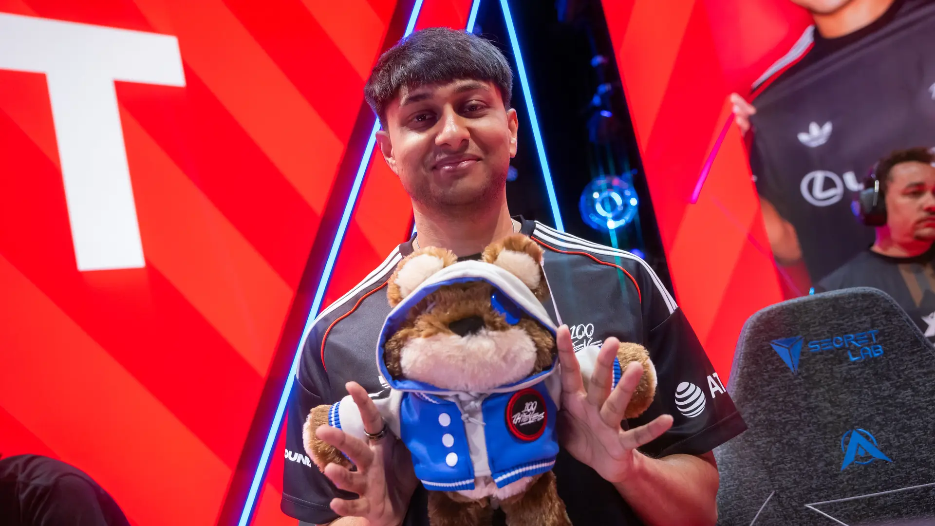100T Dhokla with a 100 Thieves teddy bear