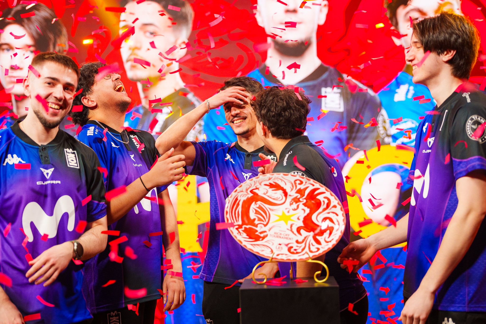 Movistar KOI Fénix laughing after lifting the LES trophy. Credit: LES/Kirill Bashkirov