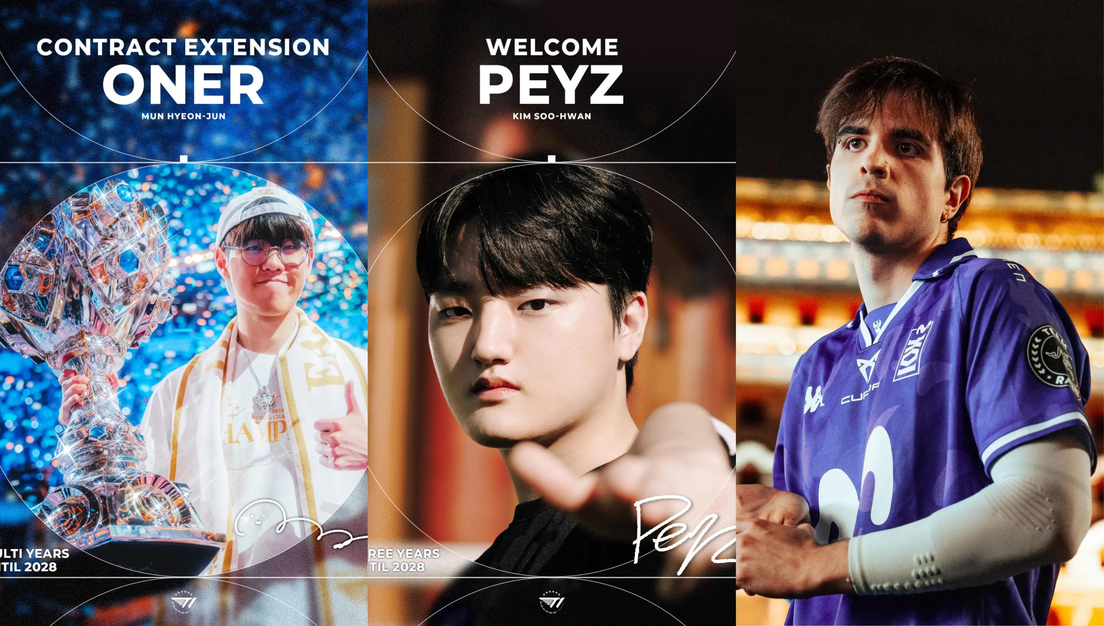 Oner has extended his contract with T1 until 2028 / Peyz has signed with T1 until 2028 / Elyoya has extended his contract with Movistar KOI until 2027. Credit: T1/Aiksoon Lee/Riot Games