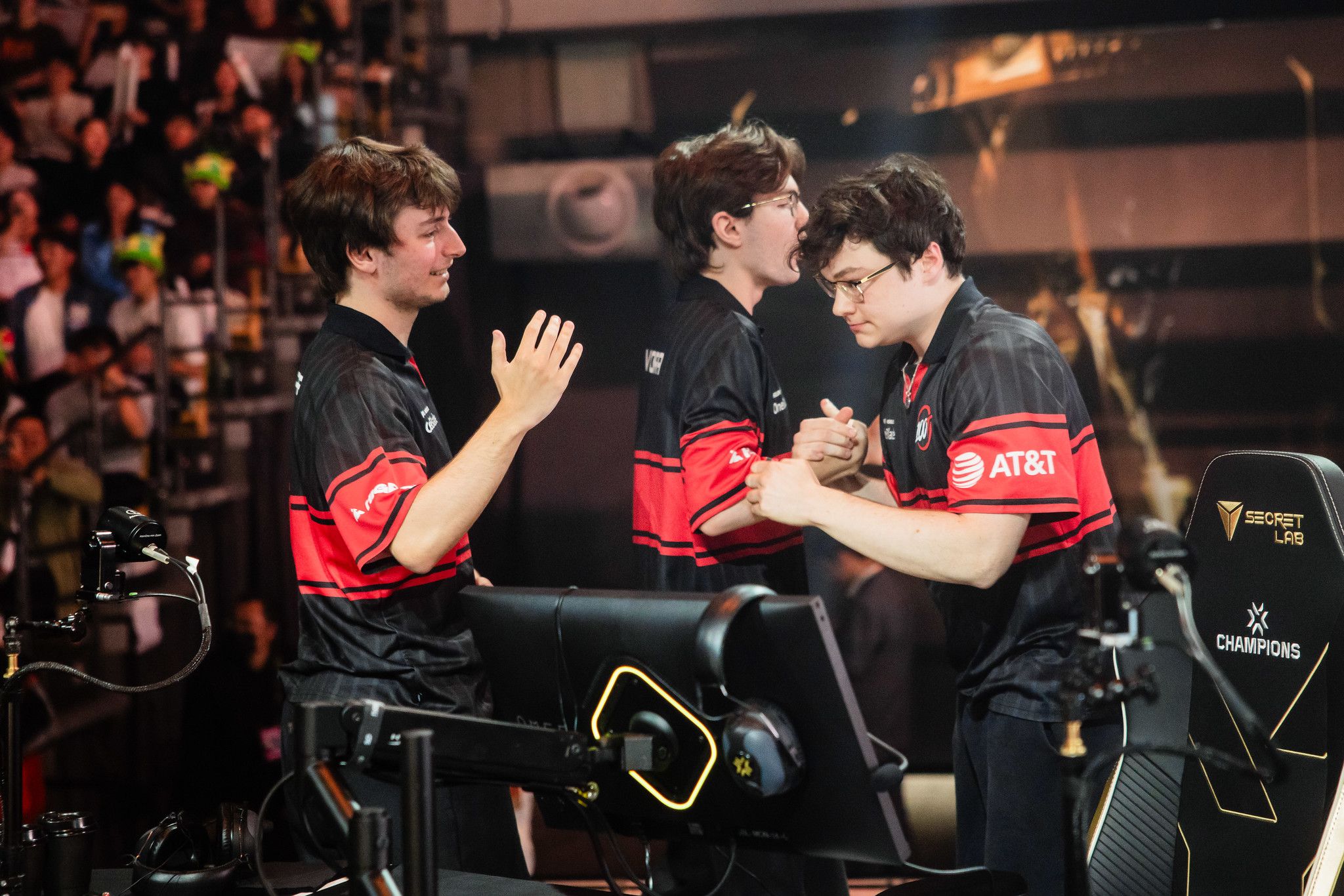 100 Thieves react onstage after their victory during VALORANT Champions Shanghai Playoffs Day 5 at Jing’an Sports Center on October 10, 2026 in Shanghai, China. Credit: Colin Young-Wolff/Riot Games