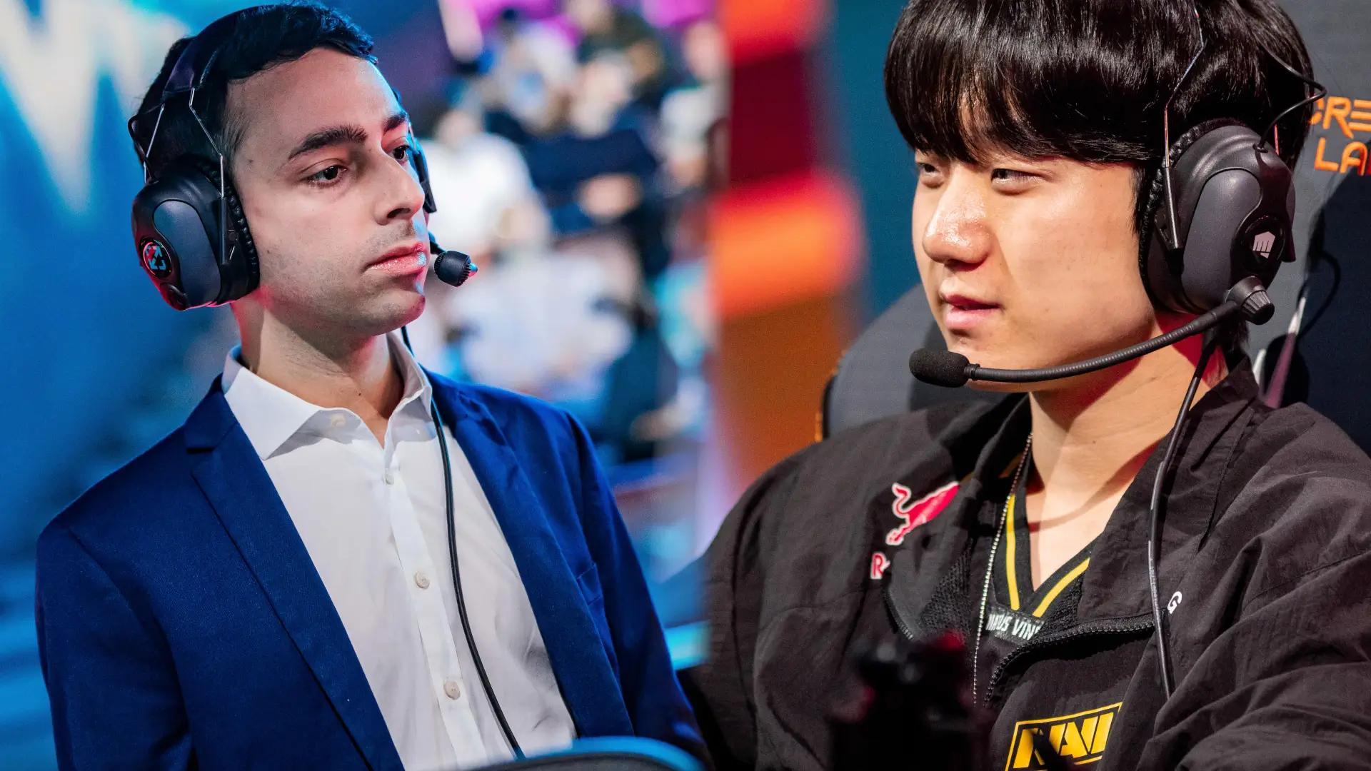 Adrien “GotoOne” Picard (left), assistant coach, and Yoon “Poby” Sung-won (right), midlaner for NAVI. Photo credits: Colin Young-Wolff, Wojciech Wandzel / Riot Games.