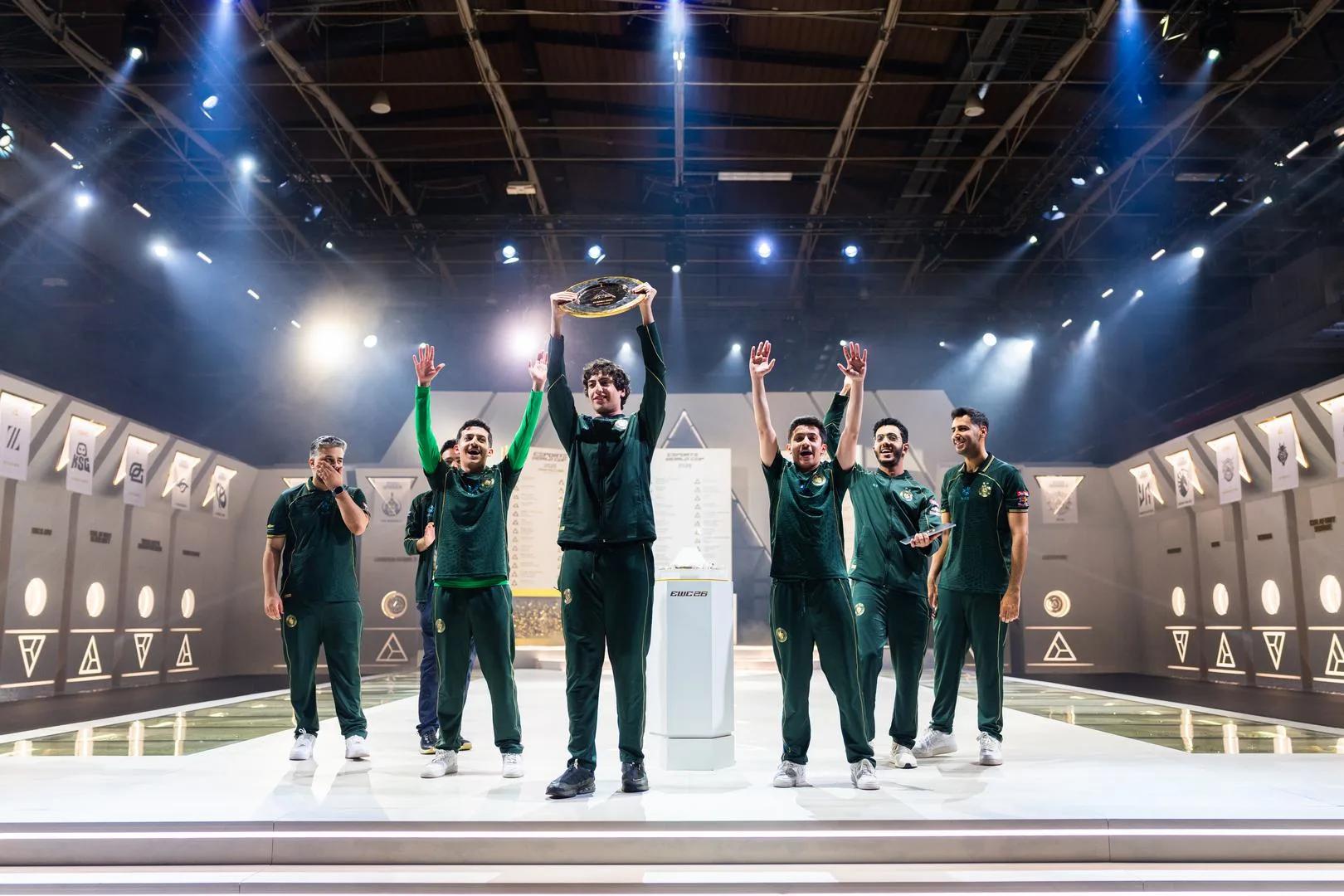 Team Falcons lifting EWC Rocket Trophy. Credit: Esports World Cup