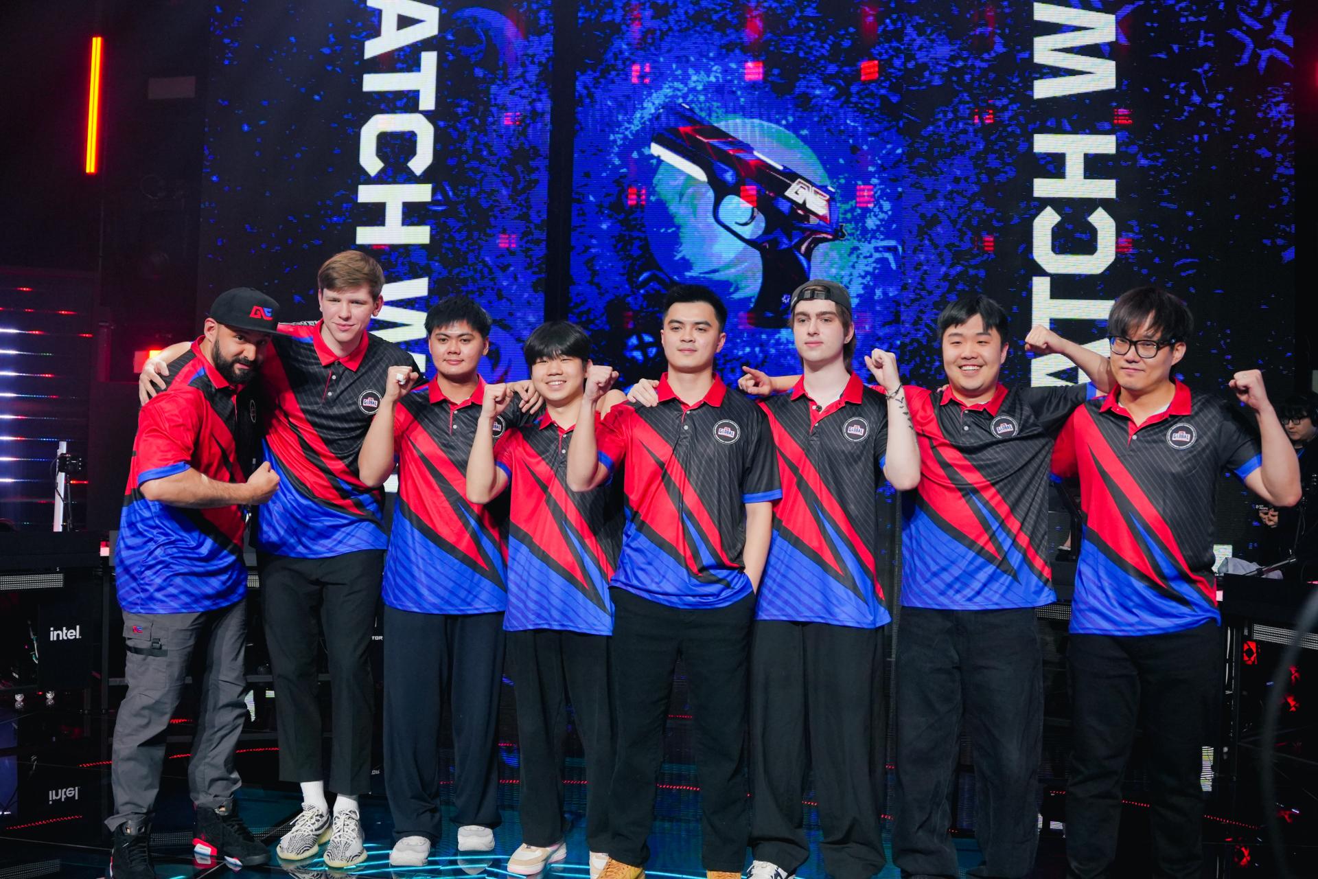 Global Esports celebrating their win against RRQ. Credit: VCT PACIFIC/Riot Games