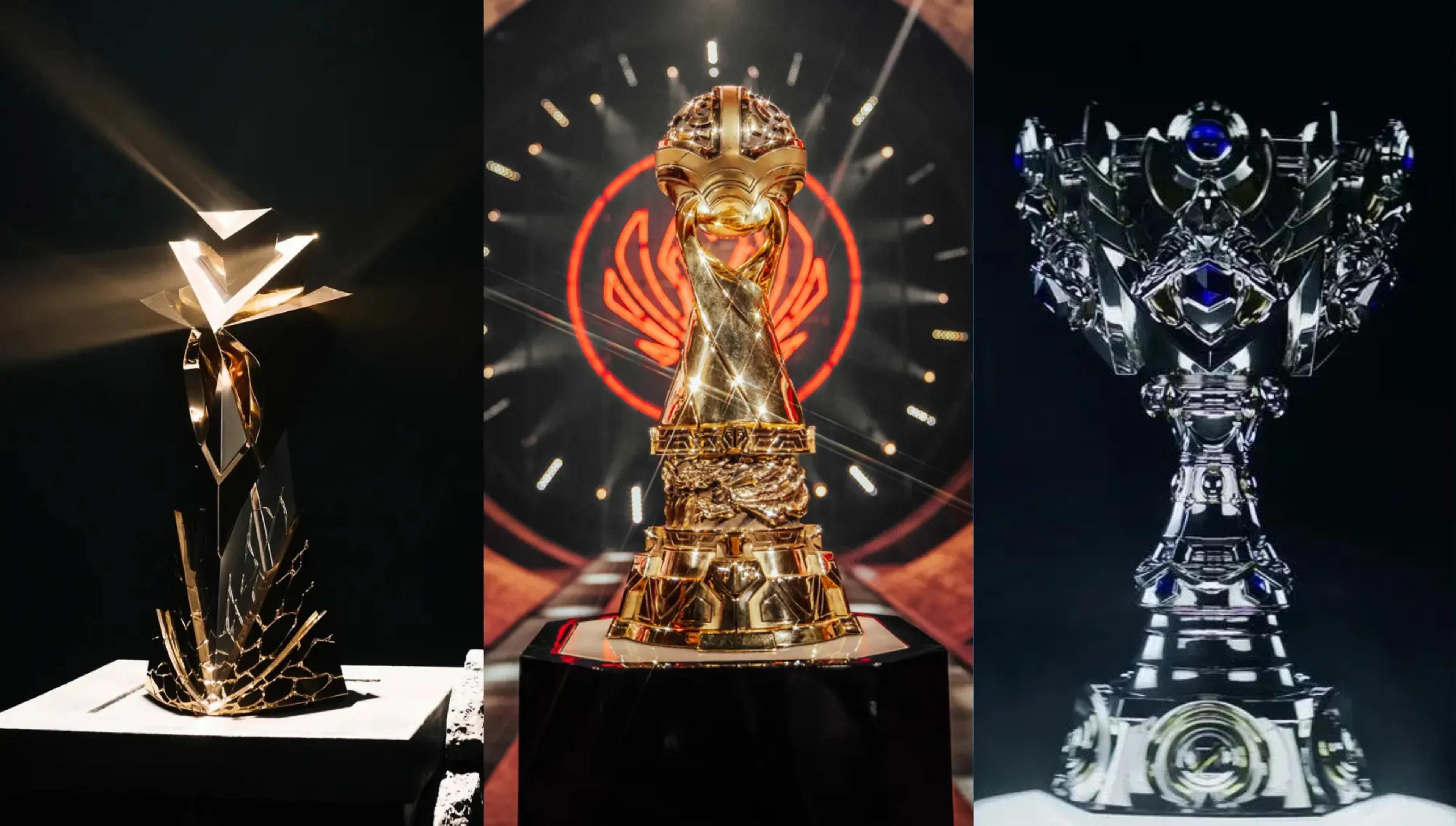 From left to right, the trophies for the First Stand, MSI, and Worlds. Credit: Riot Games