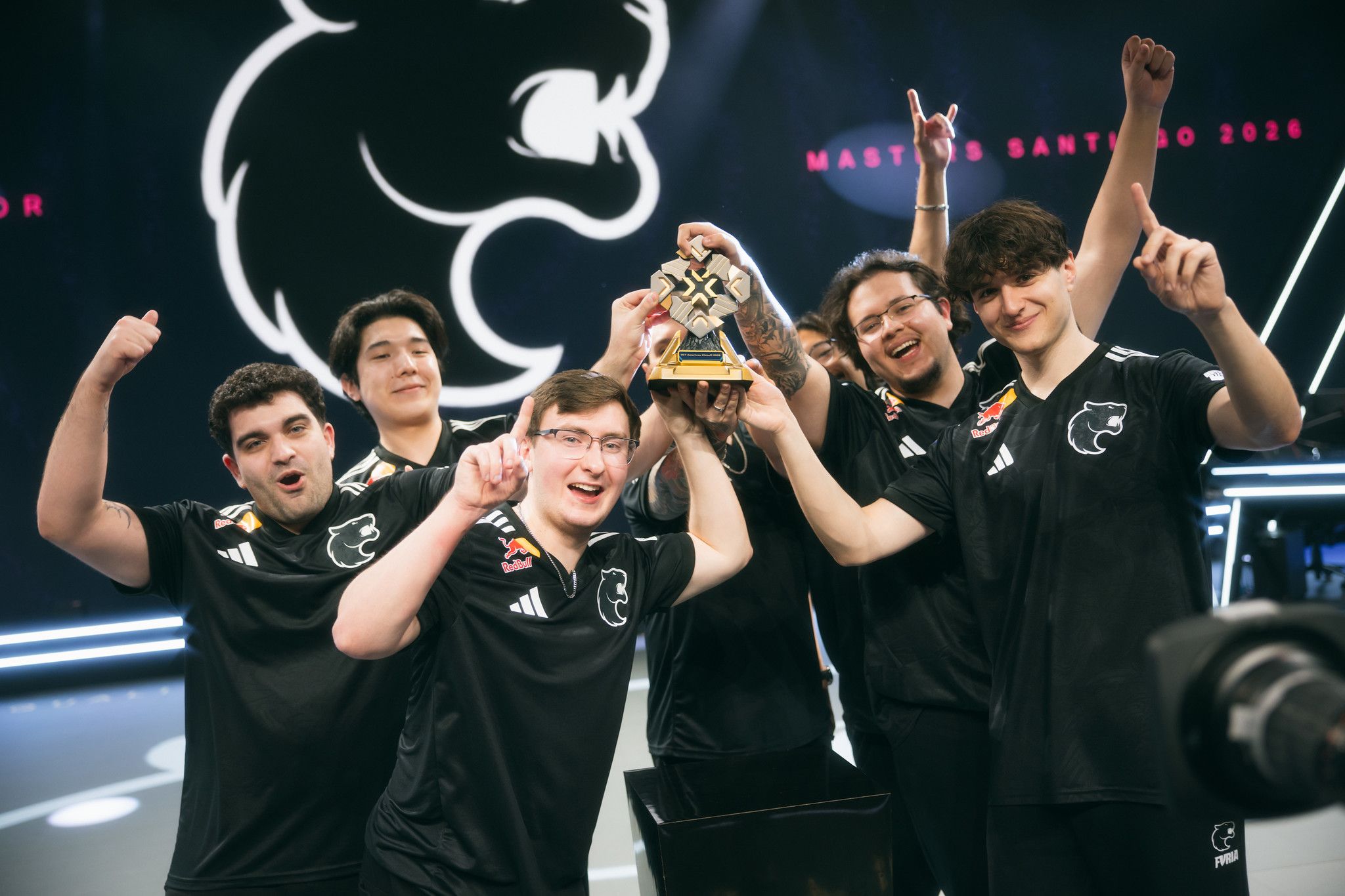 FURIA after winning the VCT Americas Kickoff trophy. Credit: Colin Young-Wolff/Riot Games
