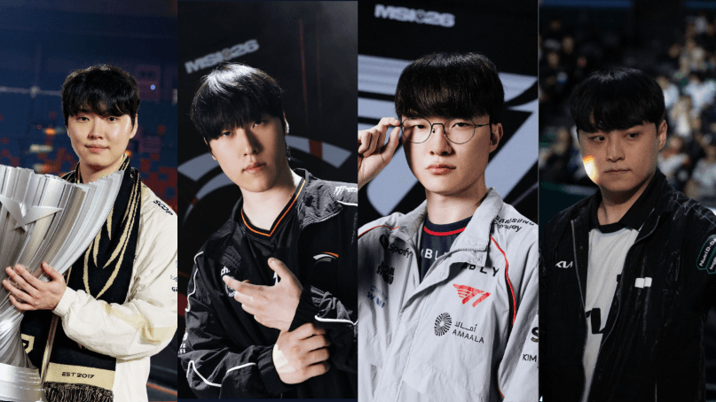 Chovy, Zeka, Faker, Showmaker. They represent the LCK in the mid lane at Worlds. Credit: Riot Gmaes/Lolesports, LCK, SE Aries