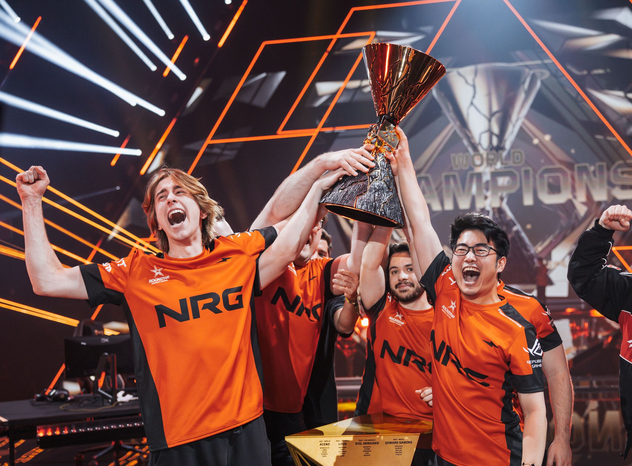 NRG lifting the 2025 Champions Paris trophy. Credit: Colin Young-Wolff/Riot Games