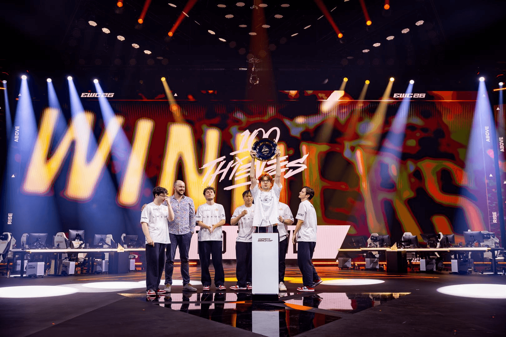 100 Thieves lifting the EWC trophy. Credit: Esports World Cup