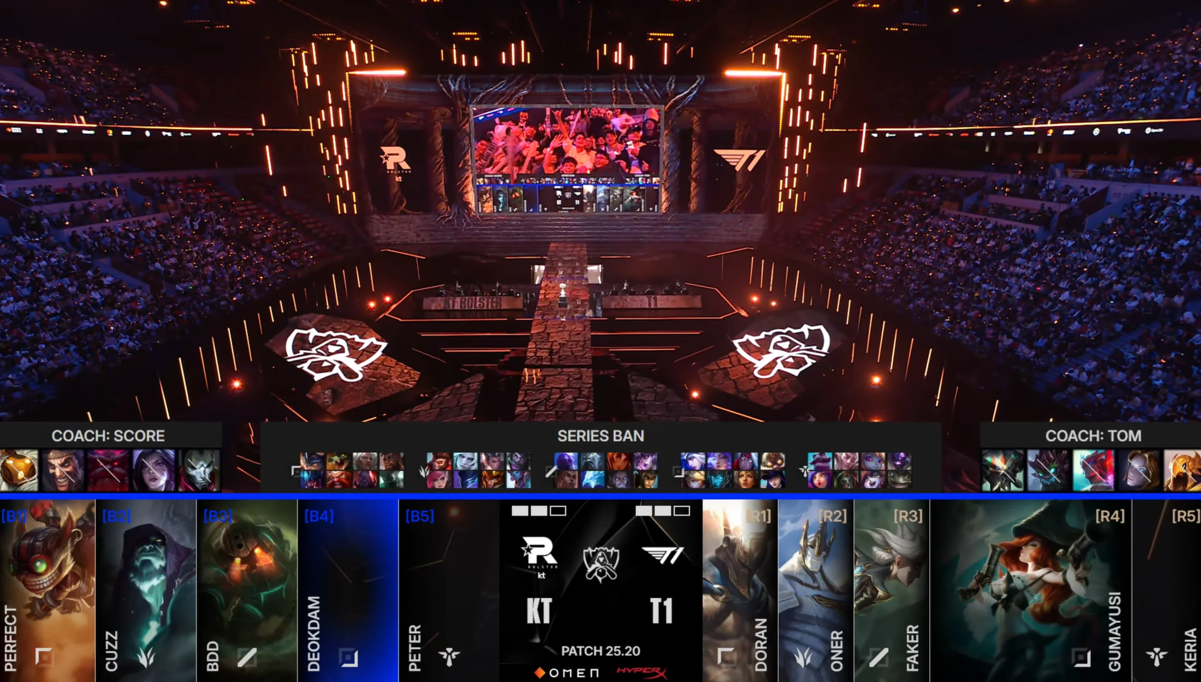 Draft phase of Game 5 in the Worlds final between T1 and KT Rolster. Credit: Riot Games
