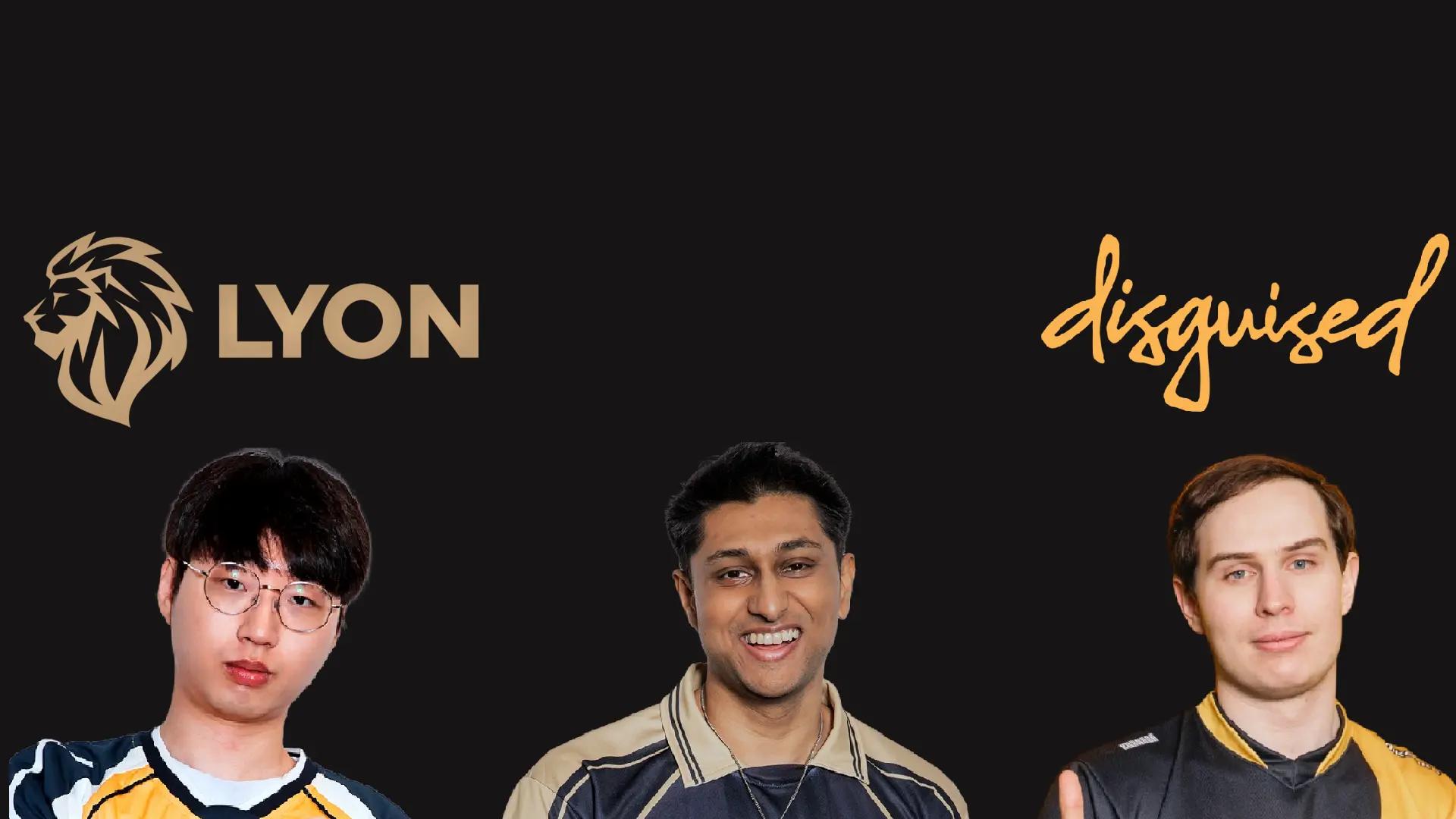 Photos of Castle, Dhokla, and Srtty. Above Castle and Srtty's heads are their respective new teams' logos, LYON and Disguised.