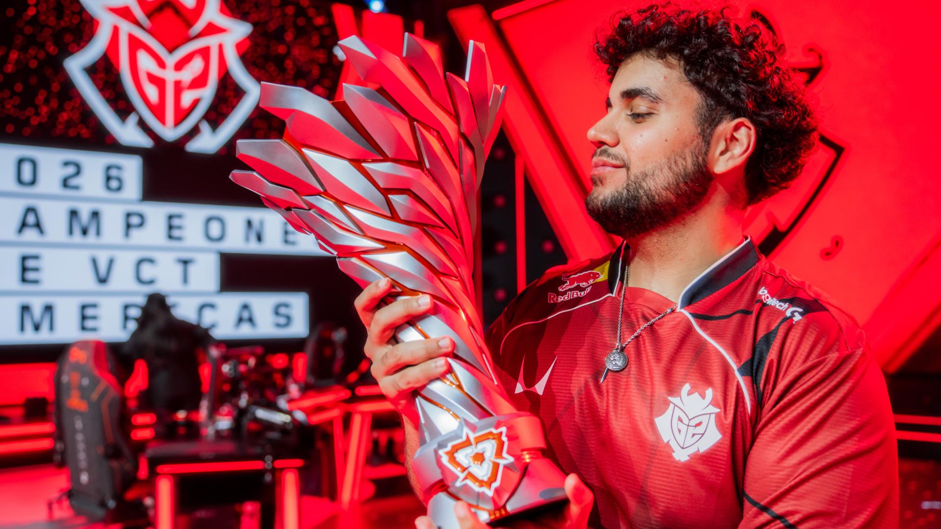 Valyn lifts the VCT Americas Stage 1 trophy. Credit: Colin Young-Wolff/Riot Games