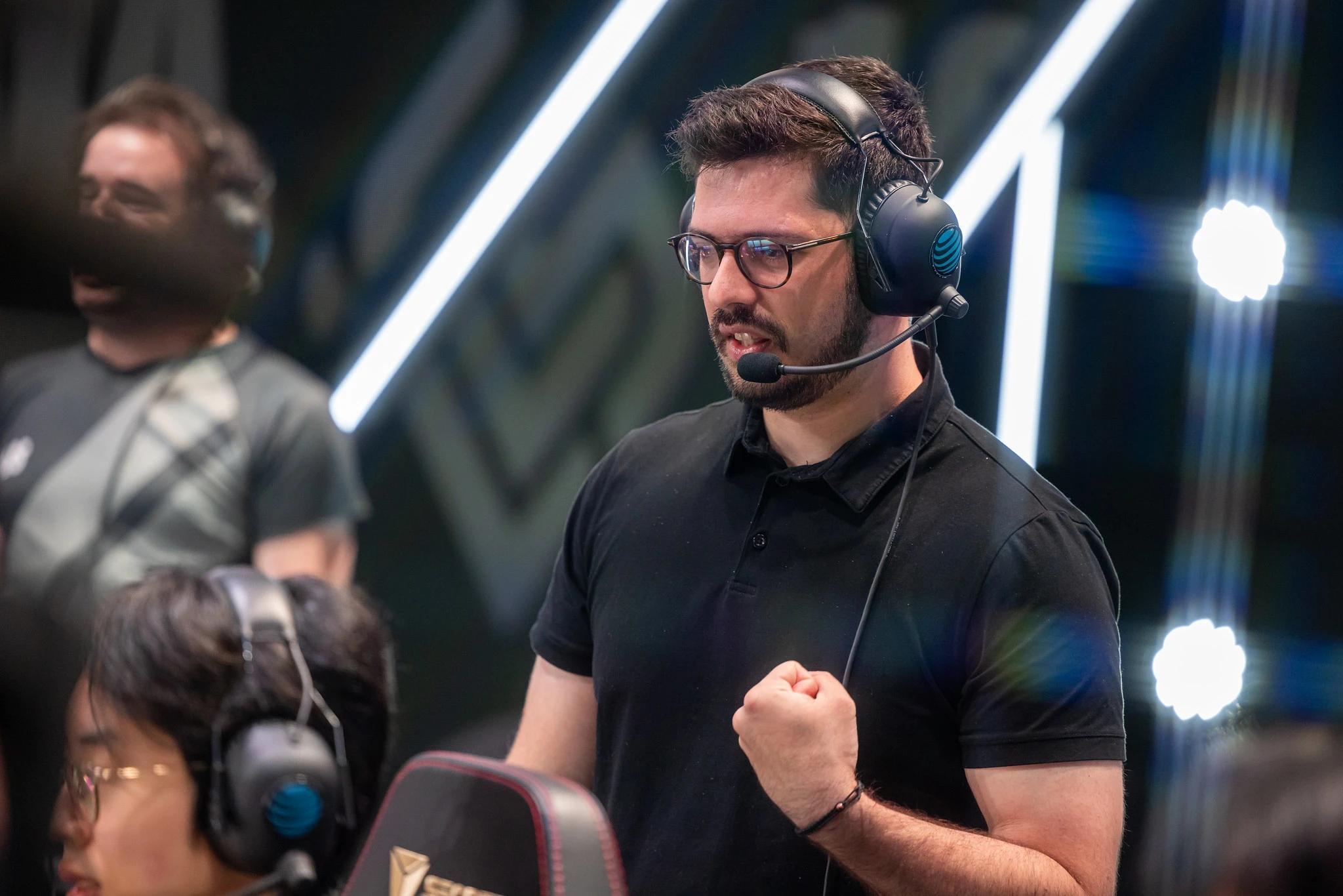 Coach "Enatron" of Dignitas is seen onstage at LCS arena