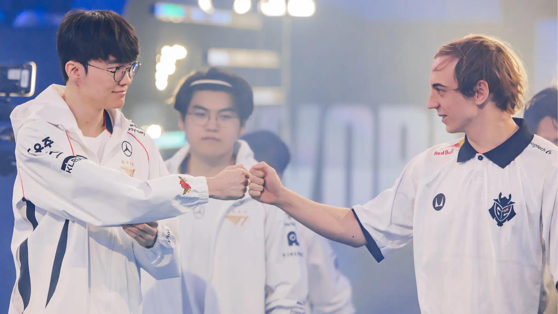 Faker and Caps fist bump onstage at the League of Legends World Championship 2024 Swiss Stage | Header Photo Credit: Colin Young-Wolff/Riot Games