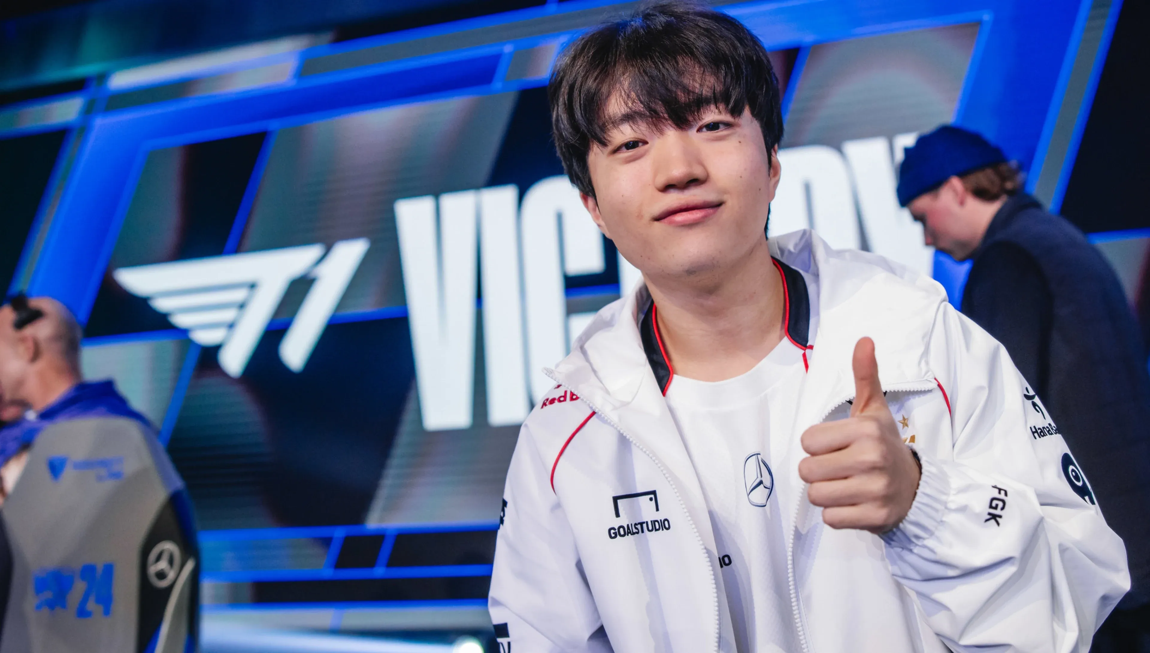 Keria during the Swiss Stage of the 2024 Worlds after a victory. Credit: Colin Young-Wolff/Riot Games